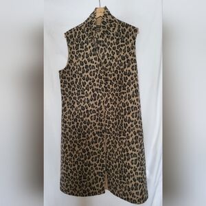 Leopard Print Sleeveless Long Vest Reversible One Button Closure Reversible Tie